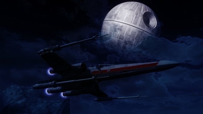 X-Wing flying towards the Death Star in a night sky. Star Wars scene