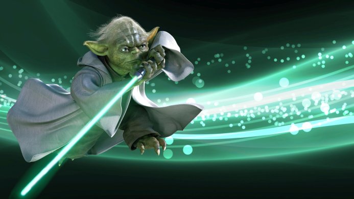 Yoda, a character from Star Wars, wielding a green lightsaber