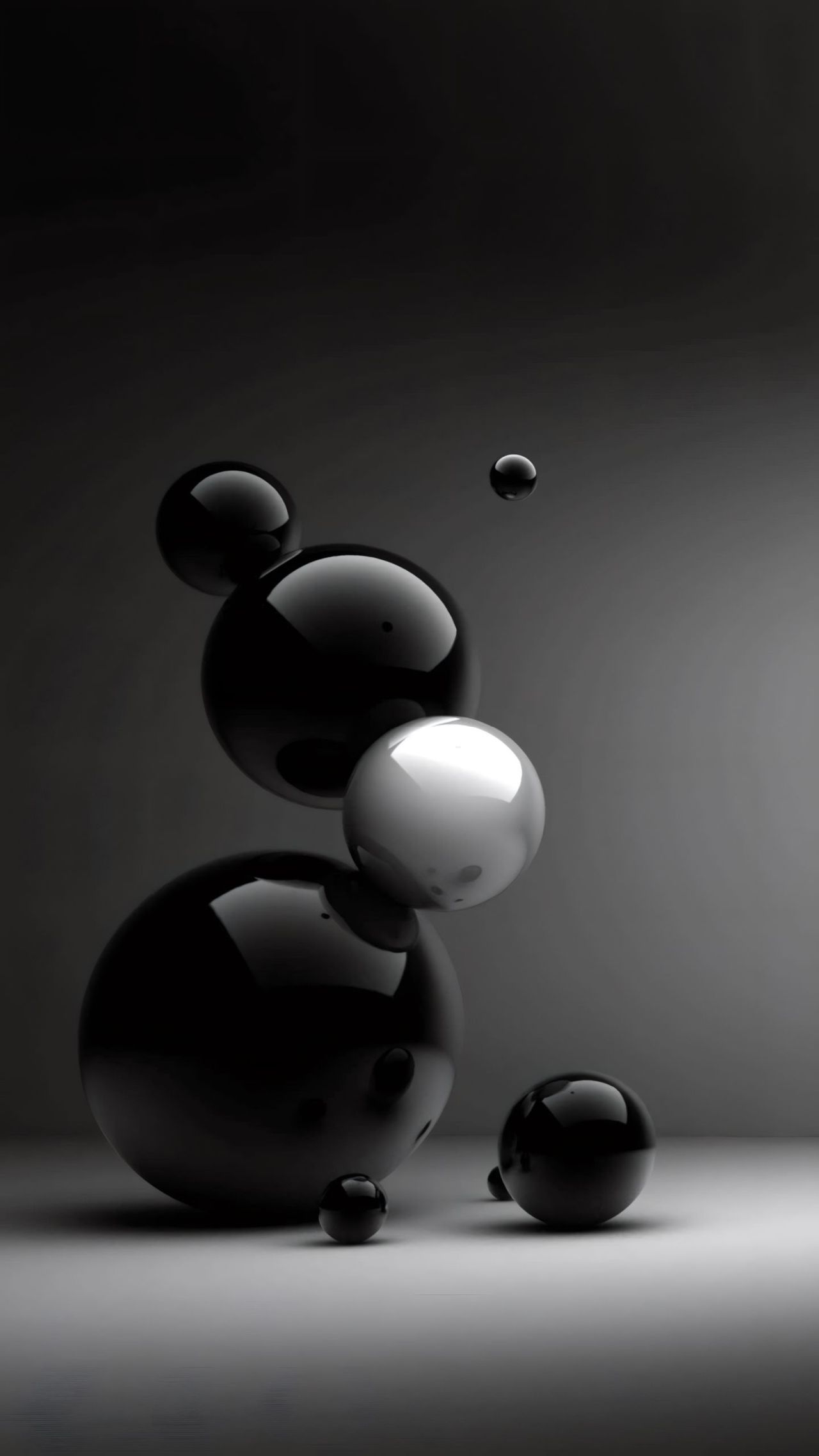 Abstract black and white spheres dark background