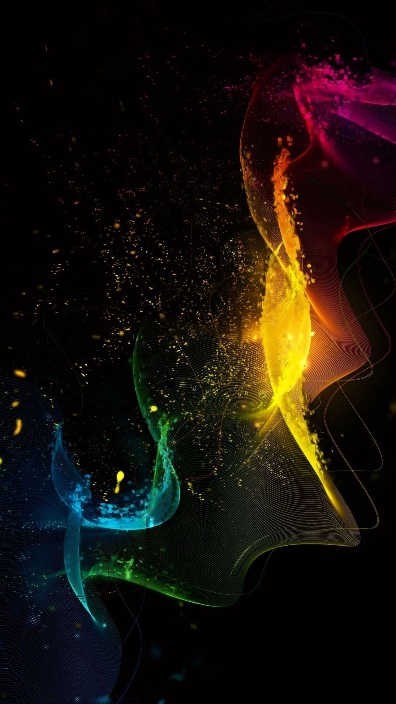 Abstract colorful swirling lines and particles on black