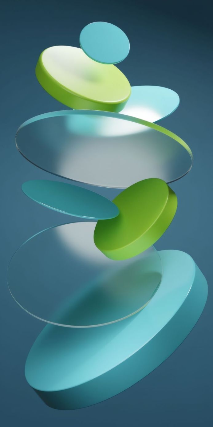 Floating green, blue and transparent circles on a dark blue background