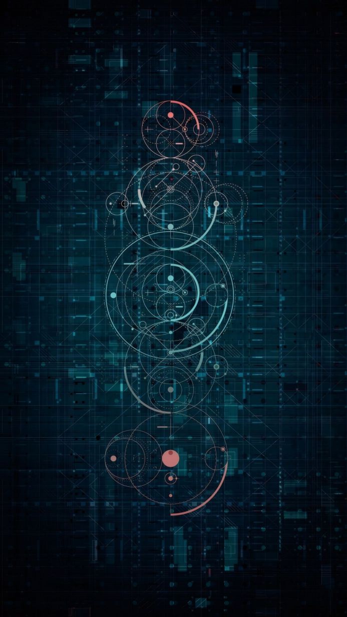 Abstract image of intersecting circles and lines on a dark blue grid background