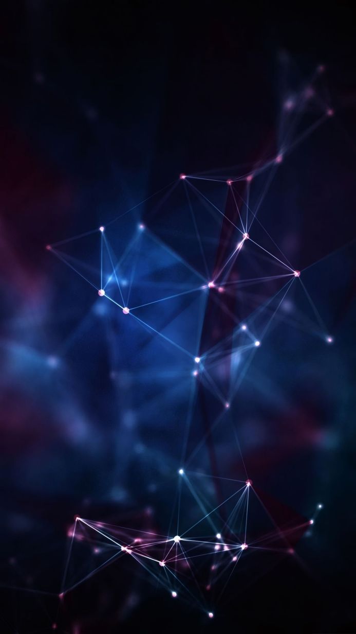 Abstract image of geometric shapes connected by lines in shades of blue and pink against a dark background