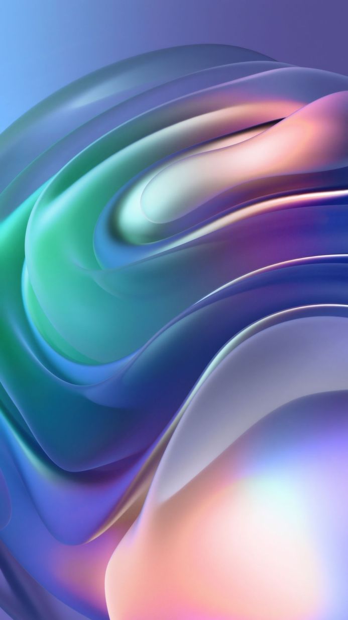 Abstract iridescent waves in shades of blue, green, purple, and peach