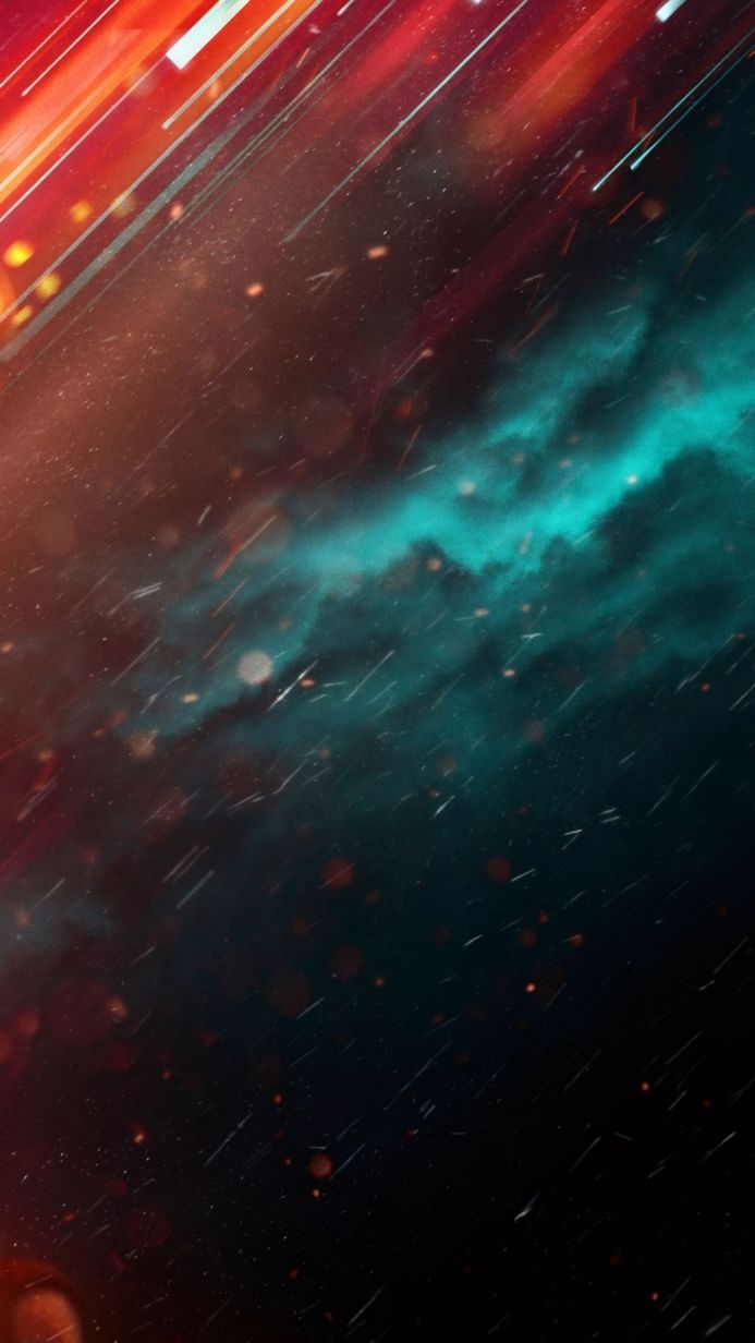 Abstract image of light streaks and a nebula with red and teal colors