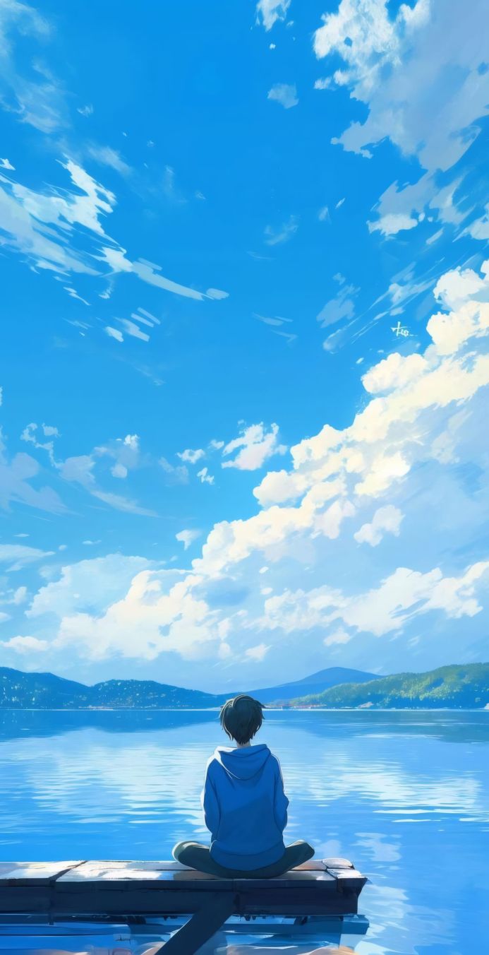 Anime boy sitting on a dock, looking at a lake under a blue cloudy sky