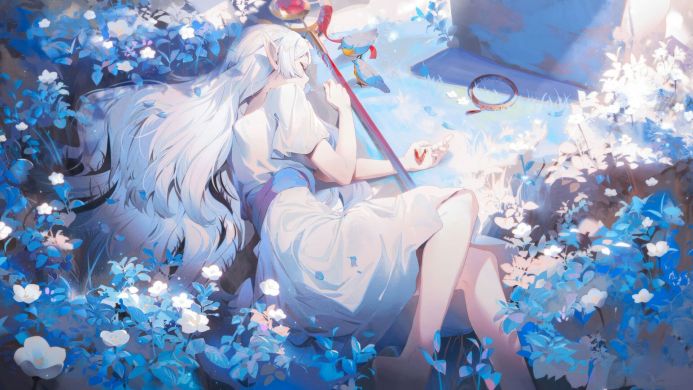 Anime elf girl Frieren with white hair resting in a blue flower garden, holding a staff with birds