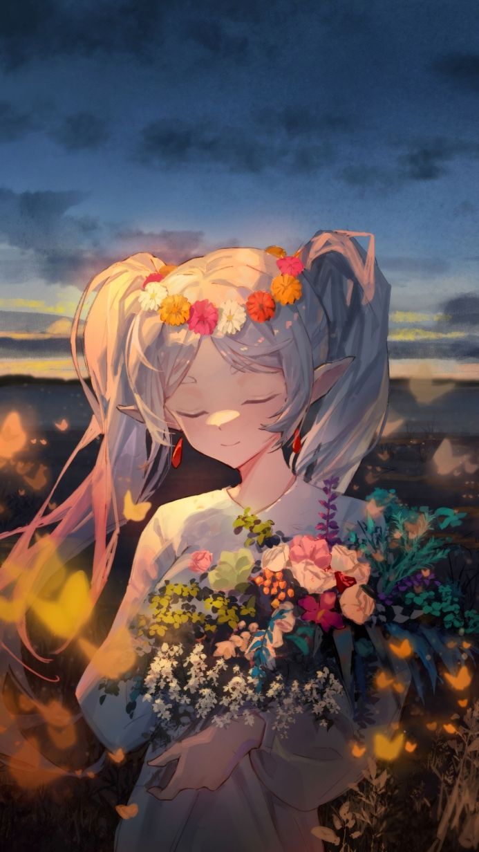 An anime elf girl Frieren with closed eyes holds a bouquet of flowers surrounded by glowing butterflies at sunset
