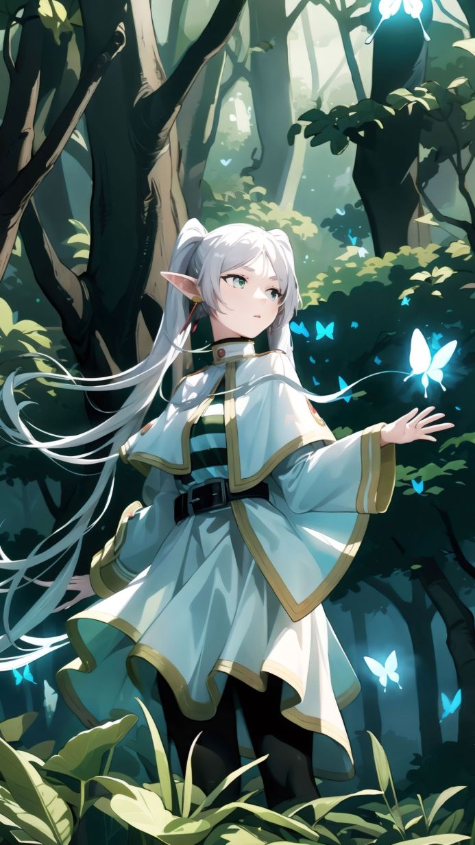 Anime elf girl Frieren with white hair in a forest with glowing butterflies