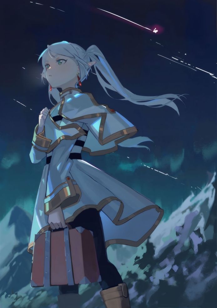 Anime elf girl Frieren looking up at a shooting star in the night sky, wearing a white and gold outfit and holding a suitcase