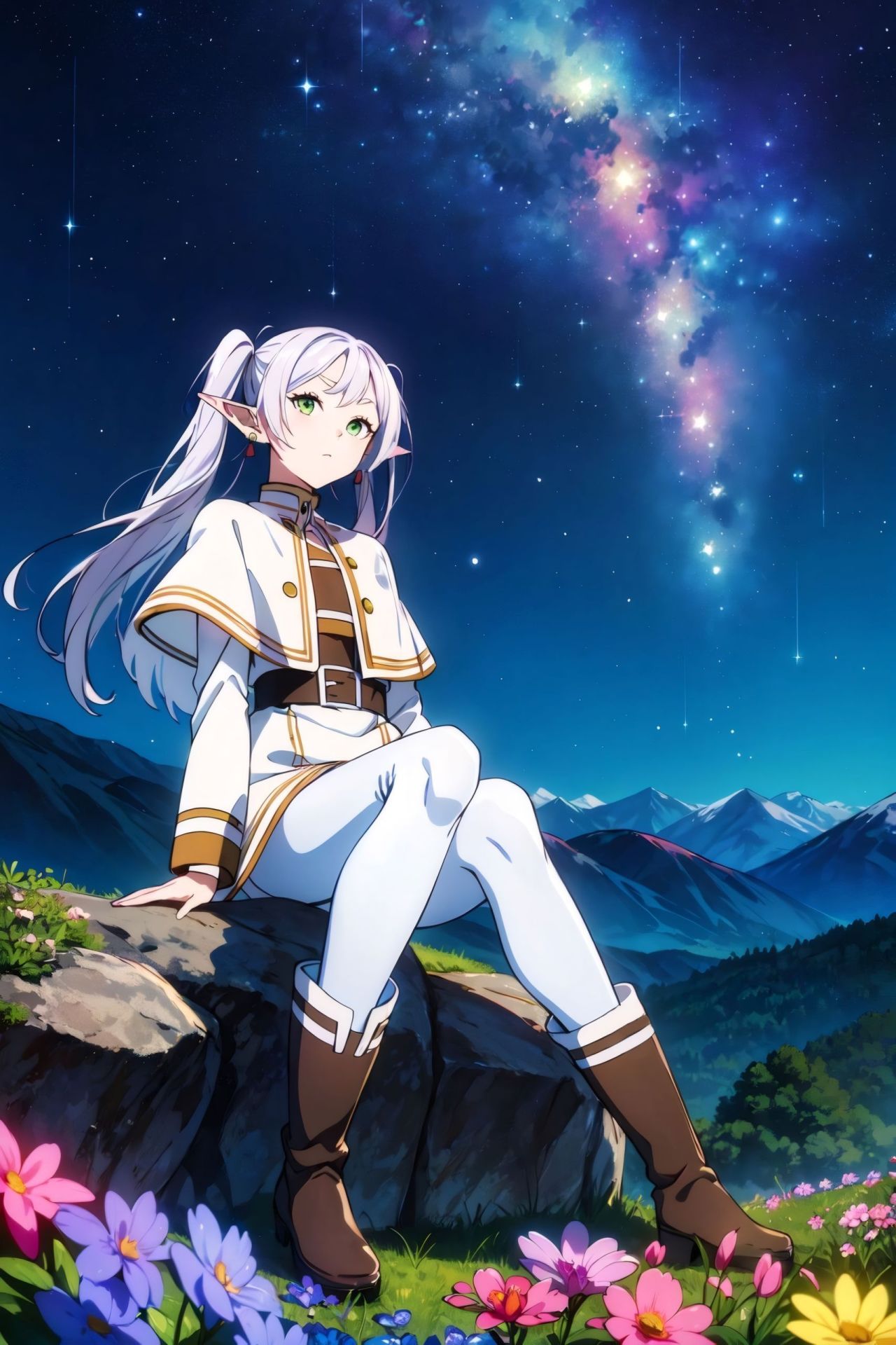 Anime elf girl sitting on rock under starry night sky