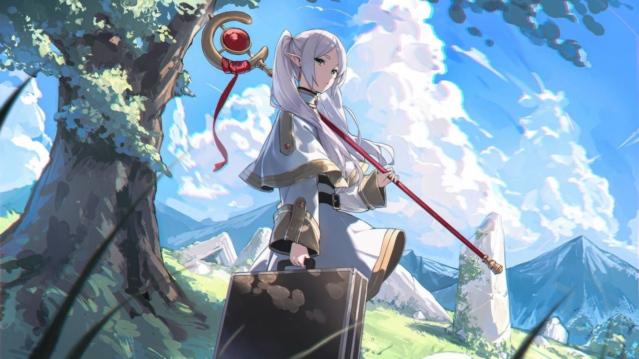 White haired anime elf girl with staff and briefcase