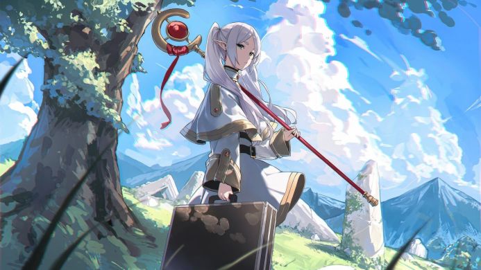 Anime elf girl holding a staff and suitcase in a fantasy landscape with ancient ruins and mountains