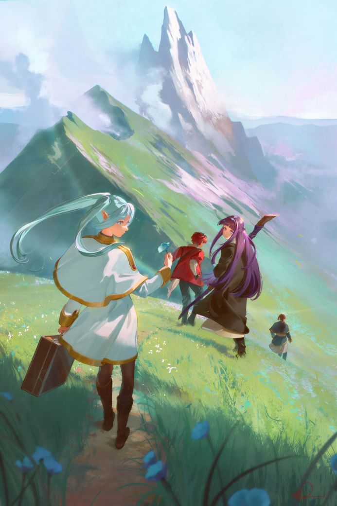 Anime art of four people, a woman Frieren with mint green hair holding a suitcase, hiking up a grassy mountain towards a sharp peak