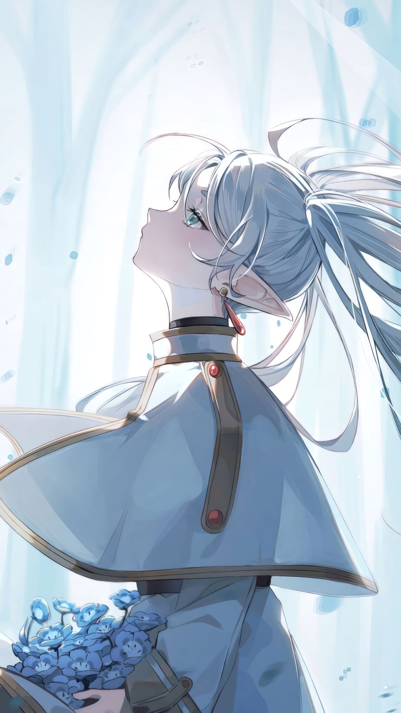 Anime elf girl looking up with blue flowers