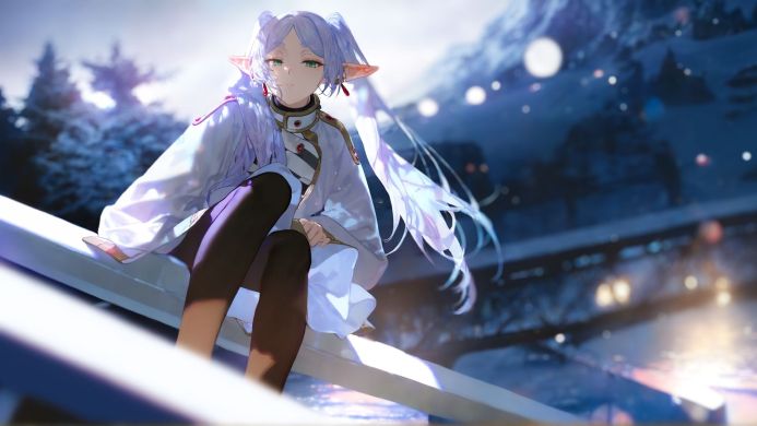 Anime fantasy girl Frieren with light purple hair and elf ears sitting outside in a winter landscape with lights