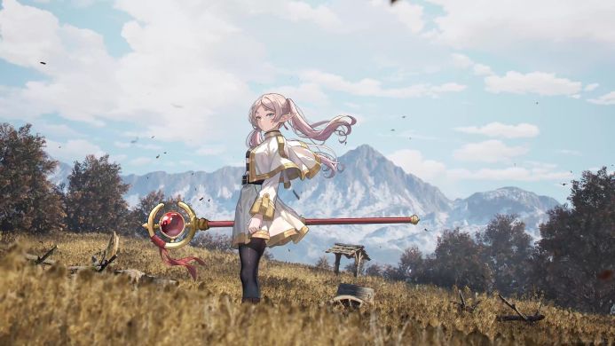 Anime fantasy girl Frieren mage with staff standing in a field with mountains and sky in background