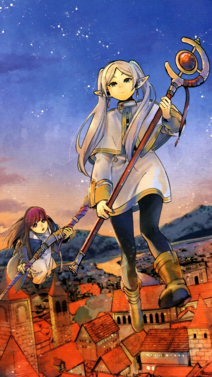 Frieren, Two anime girls, one a tall elf mage with a staff and another shorter girl, standing over a medieval town at twilight