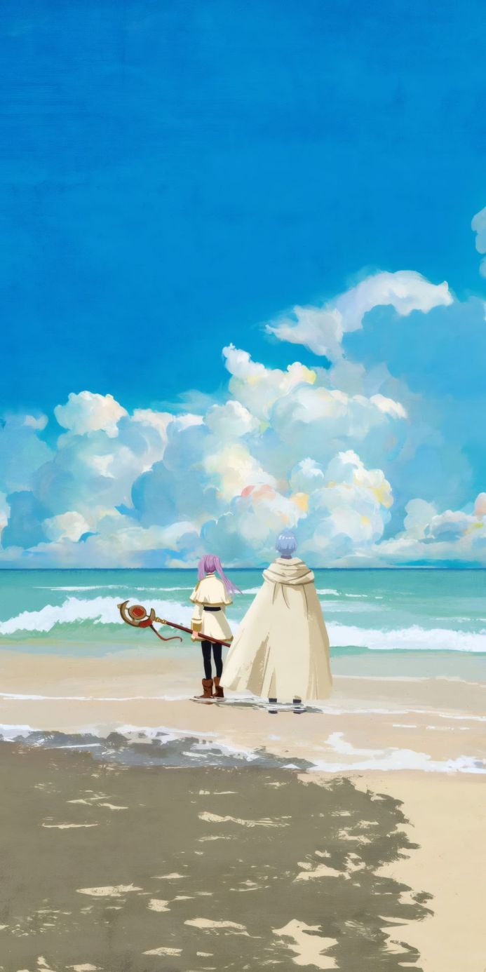 Anime girl and boy stand on a beach looking out at the ocean under a cloudy sky