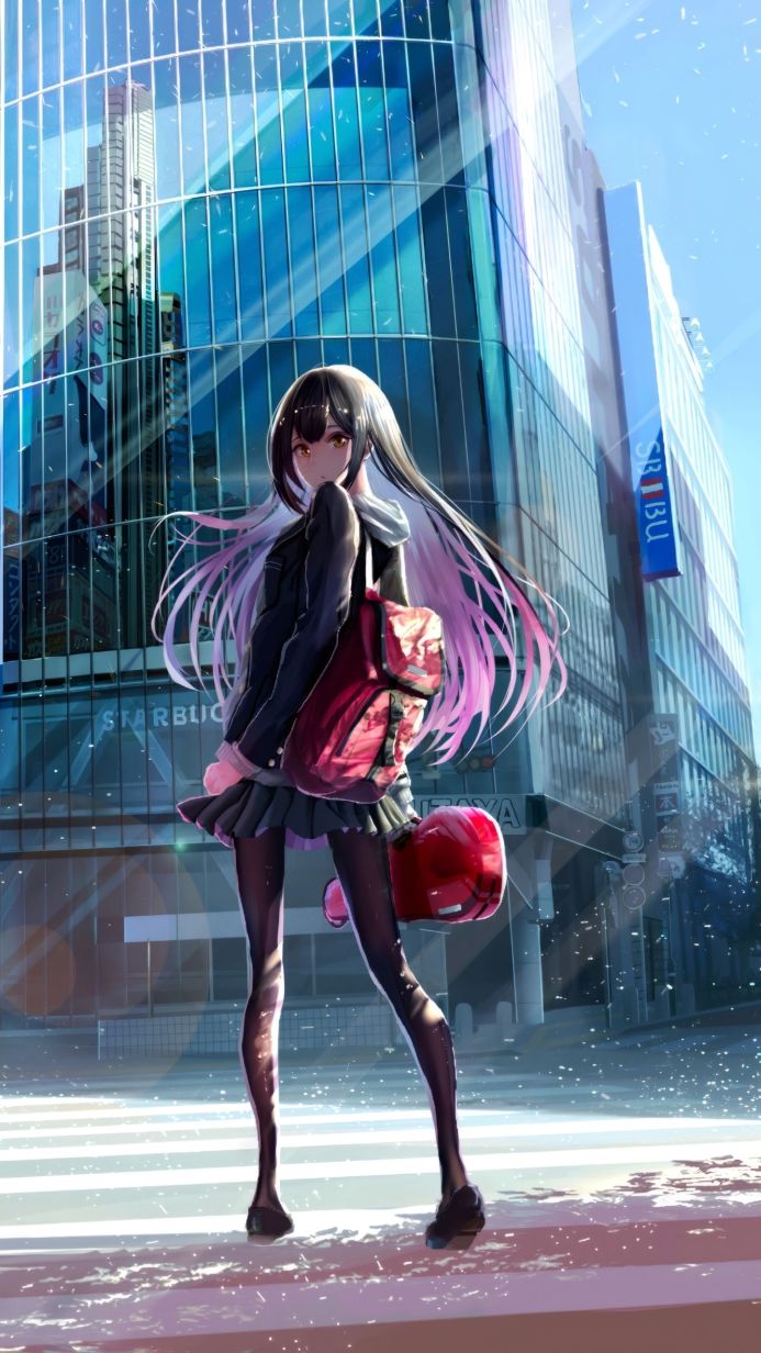 Anime girl with a red bag in a city setting with tall glass buildings behind her