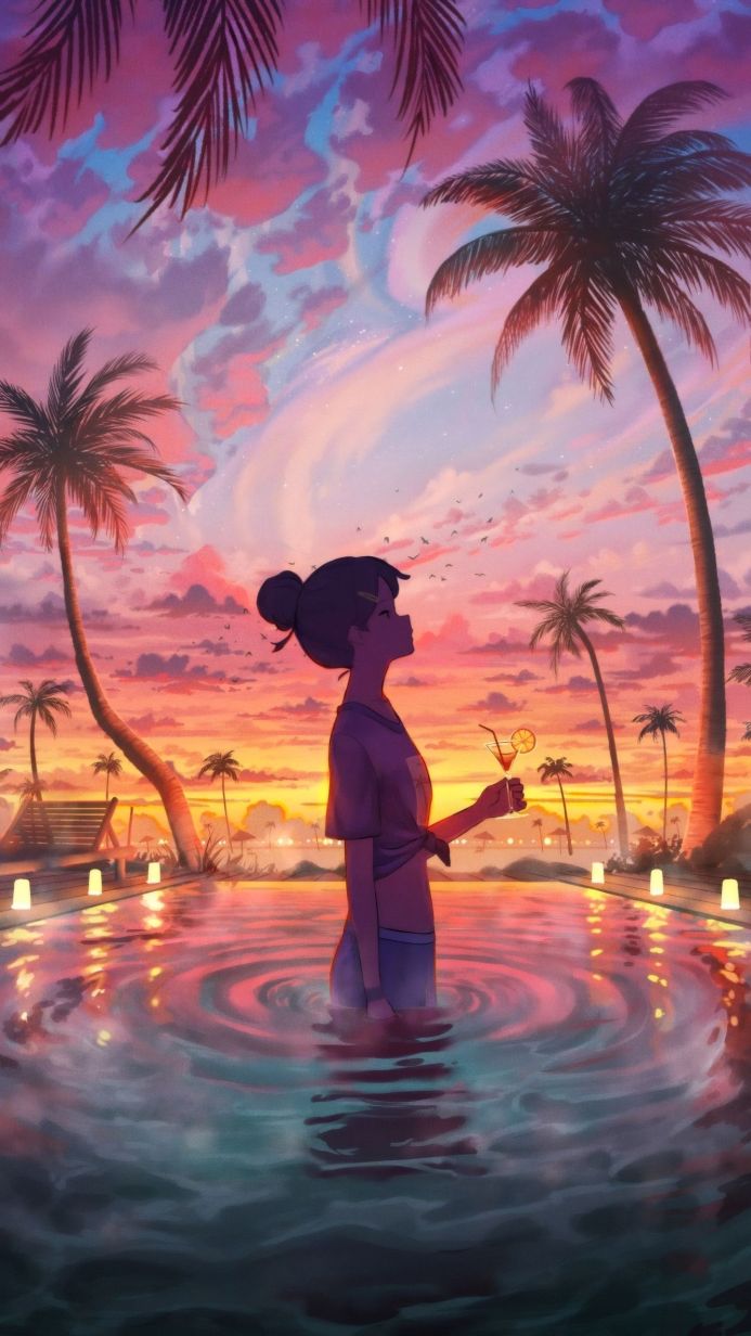 Anime girl standing in water with a cocktail at sunset with palm trees