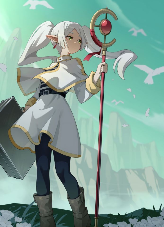 Anime girl Frieren with white hair and elf ears holding a staff in a fantasy landscape