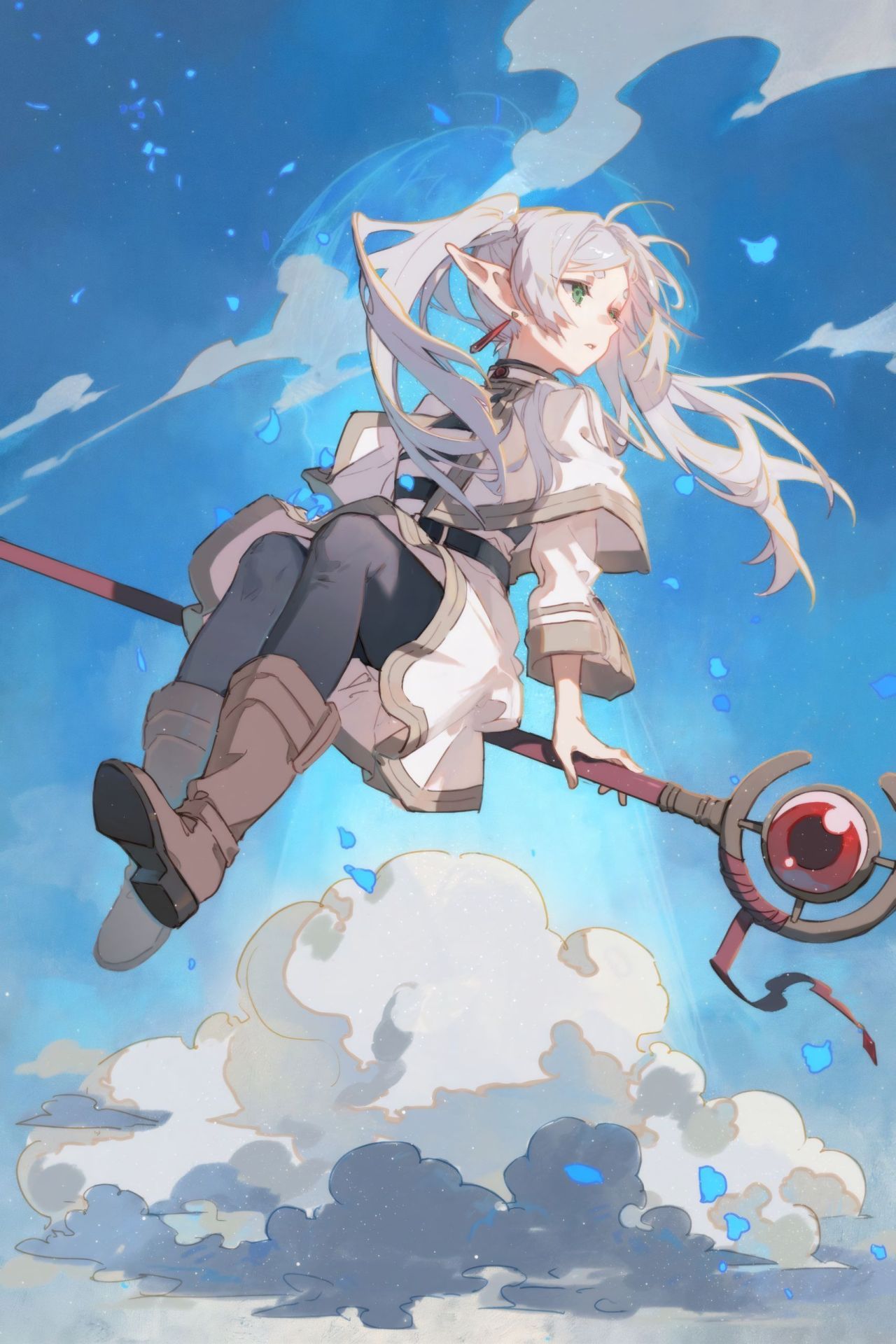 Frieren sitting on a staff in the sky with clouds