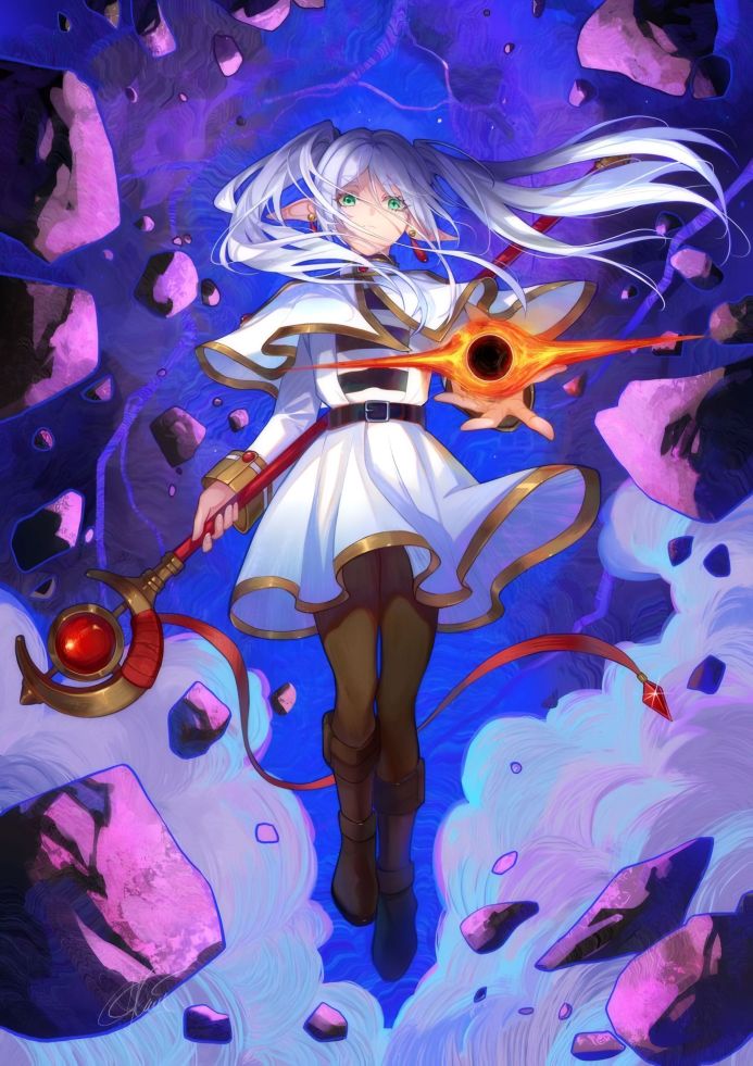 Anime girl character Frieren with white hair, elf ears, white dress, floating with a staff and magic energy ball in a cosmic space