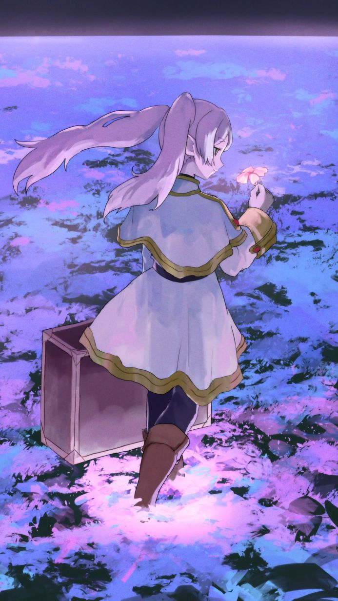 Anime girl Frieren with long white hair in a white cape, holding a pink flower in a purple fantasy landscape