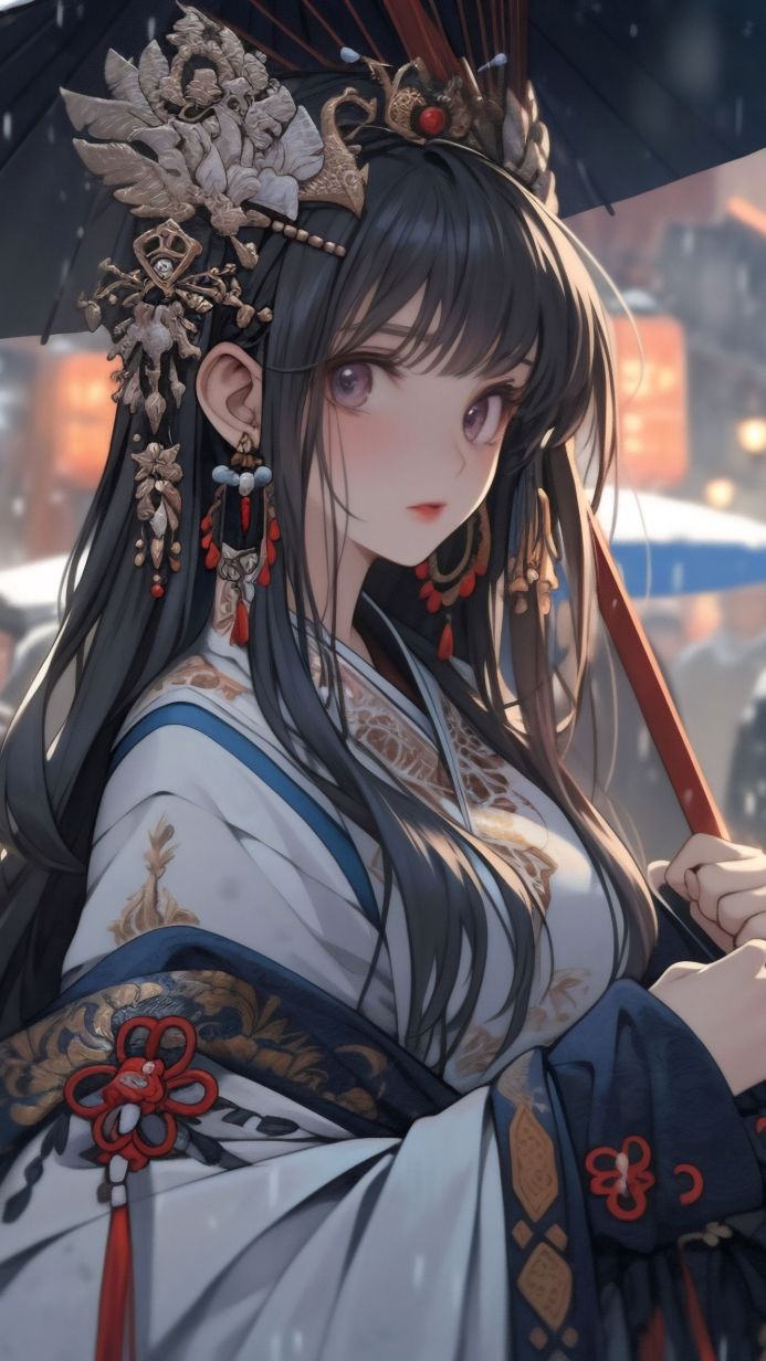 Anime girl in traditional white and blue kimono with a red umbrella