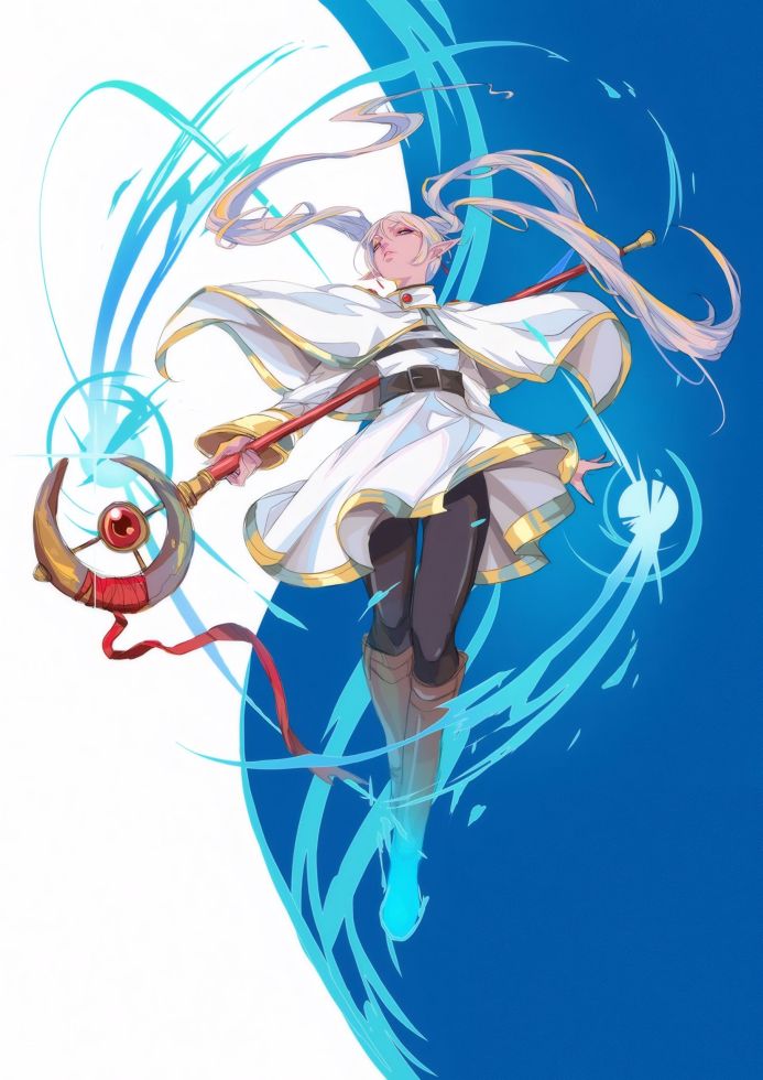 Anime girl Frieren with blonde twin tails, white and gold outfit, and magic staff casting a spell with blue energy