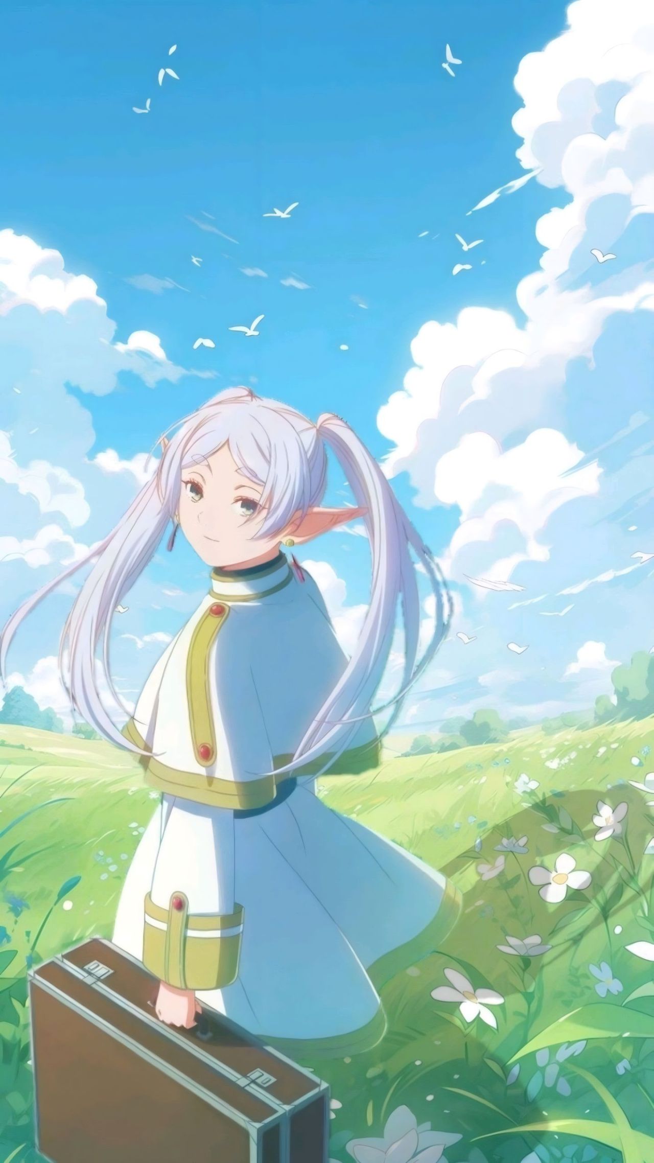 Anime elf girl with suitcase in field