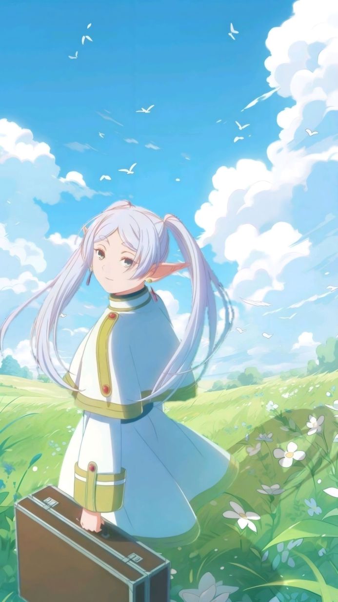 Anime girl Frieren with white pigtails and elf ears holds a suitcase in a bright green field under a blue sky with clouds