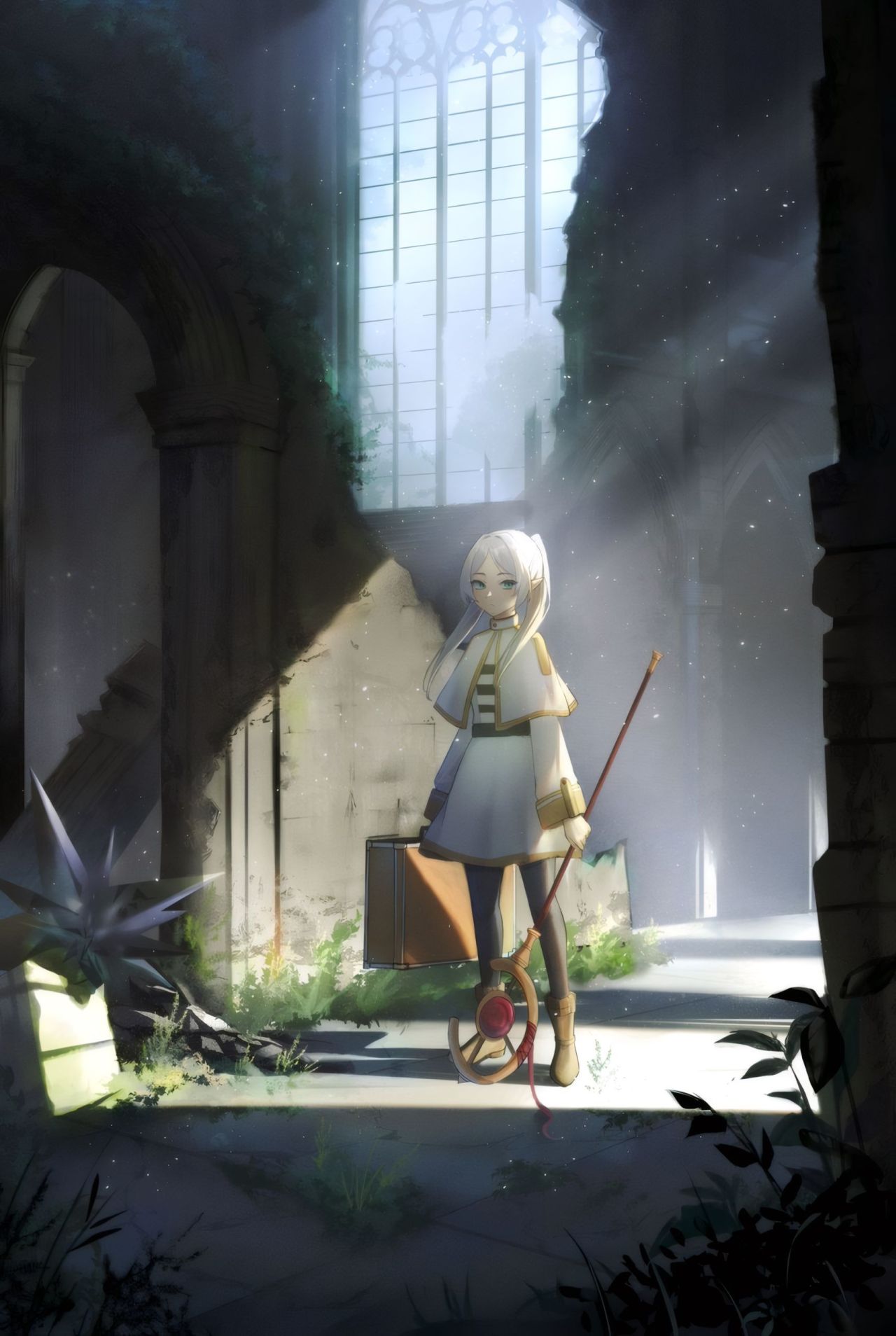 Anime girl with staff and suitcase in ancient ruins
