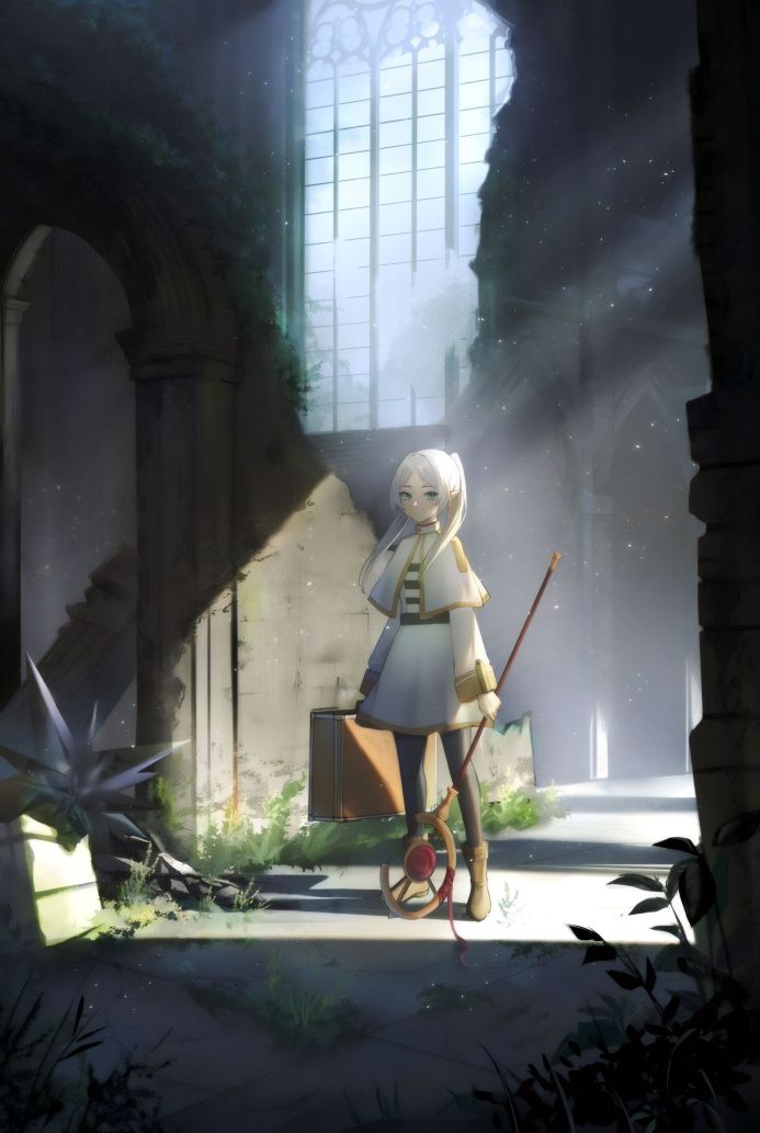 Anime girl Frieren with white hair, suitcase, and staff standing in sunlit ruins of a building with a large window