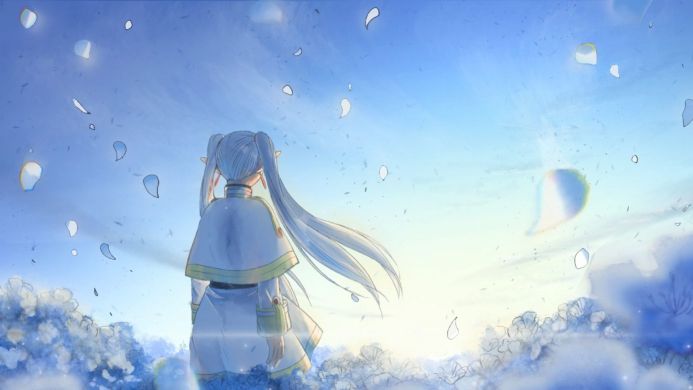 Anime girl Frieren with white hair looking up at blue sky with falling petals