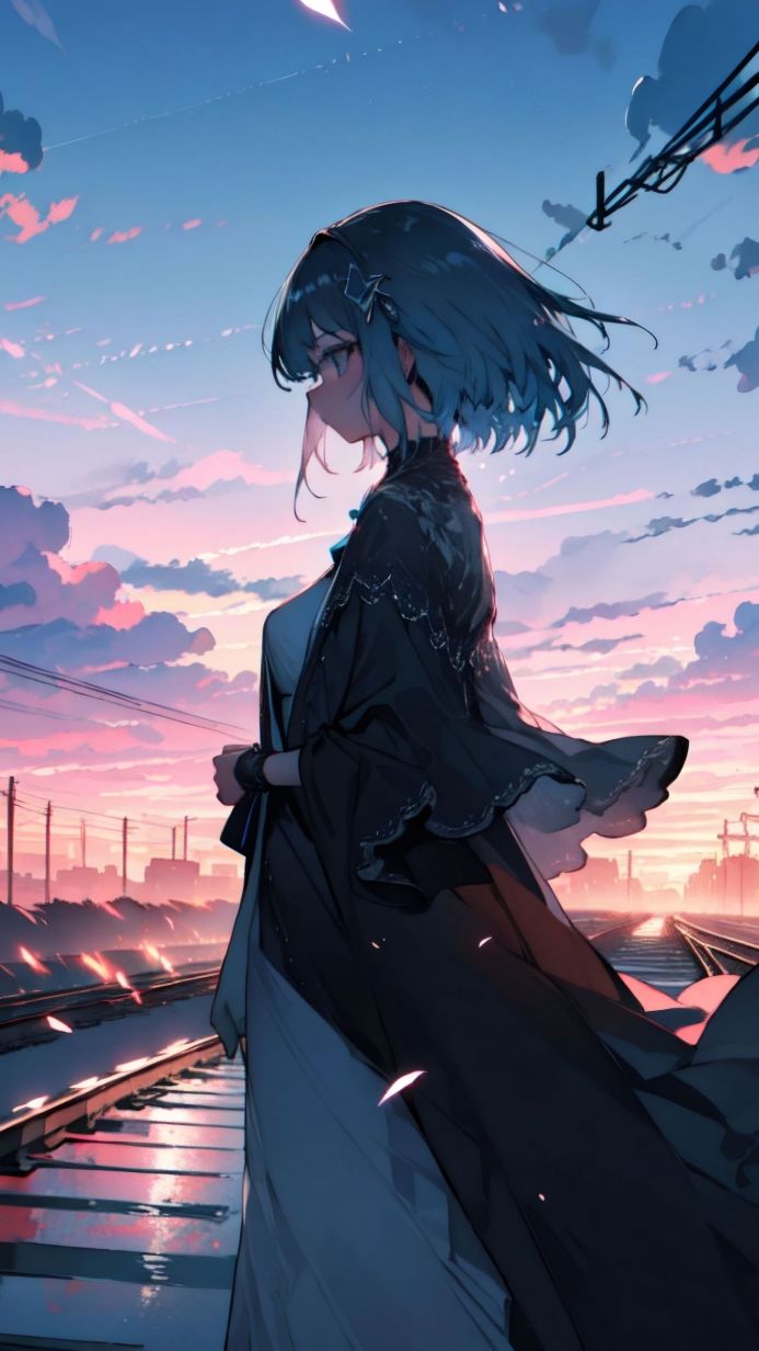 Anime girl with short blue hair and glasses in a black cloak stands on train tracks at sunset with cityscape