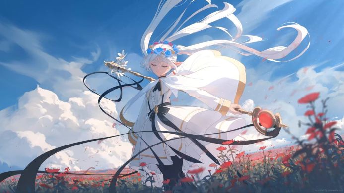 Anime girl Frieren in white dress with floral crown, holding a staff in a red flower field under a blue sky