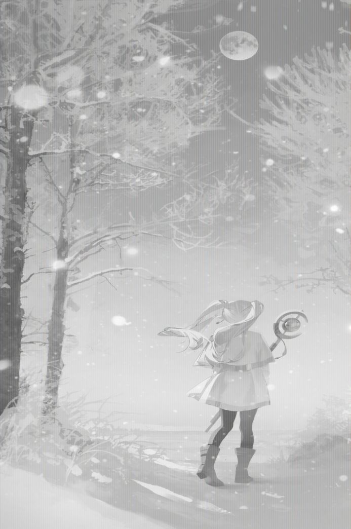 An anime girl standing with a staff in a grayscale winter landscape with falling snow and a moon in the sky