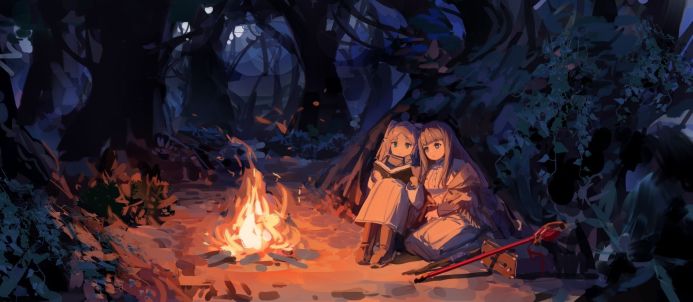 Two anime girls reading a book by a campfire in a dark fantasy forest setting at night