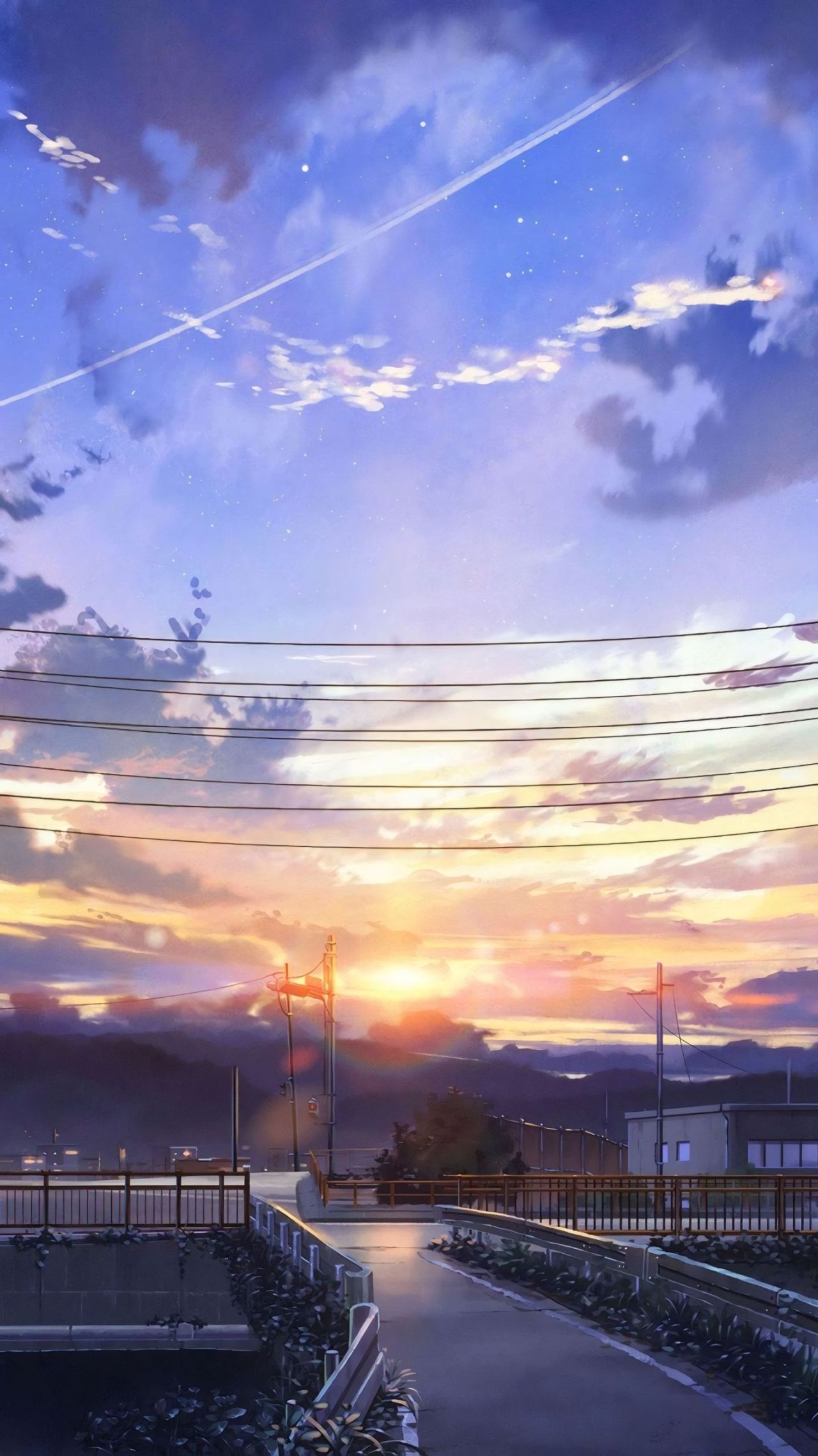 Anime sunset landscape with road and cloudy sky