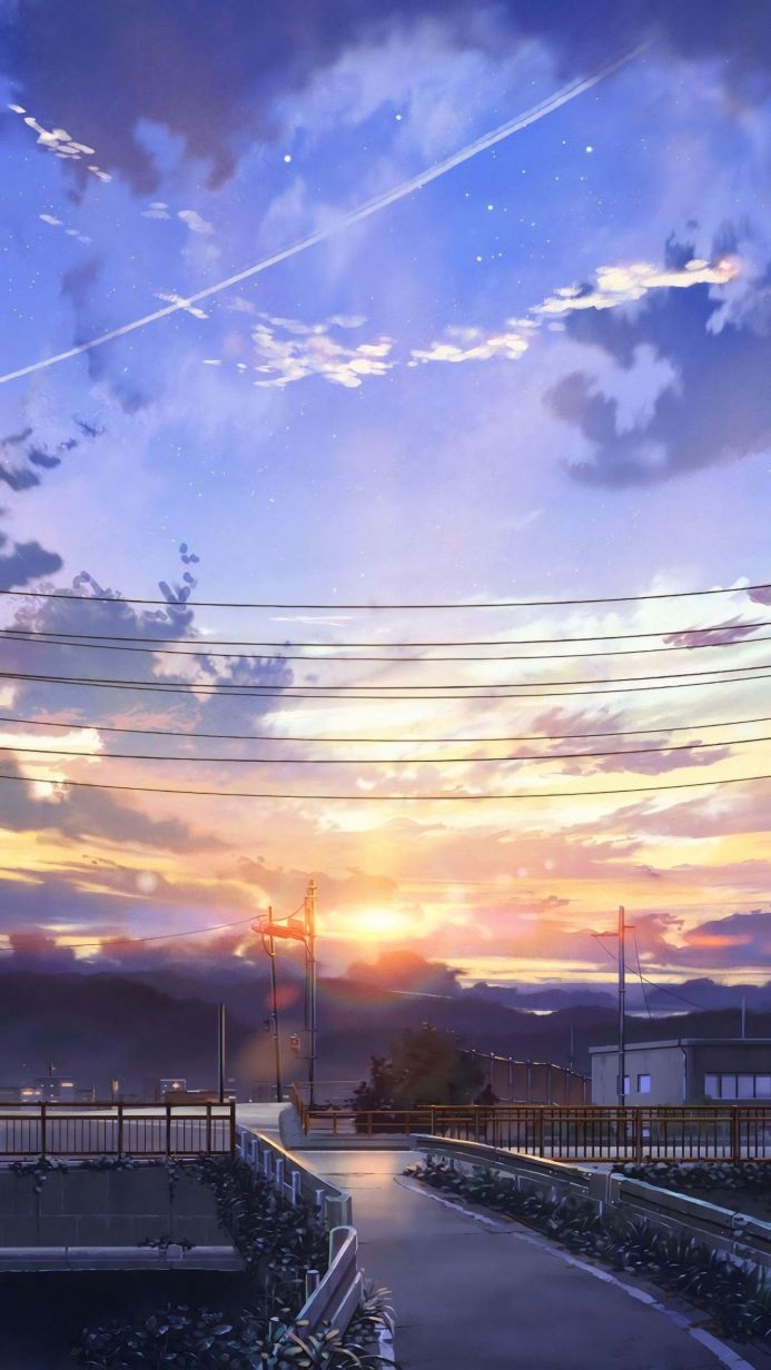 Anime landscape with a road and a sunset in warm colors