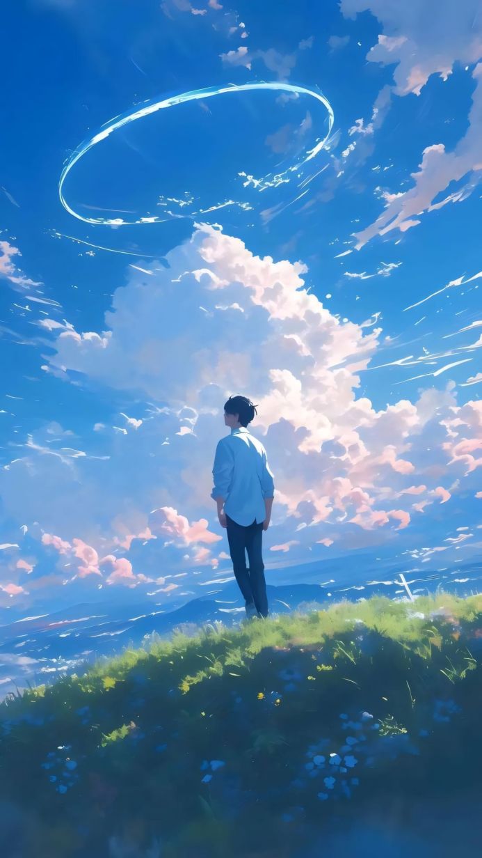 A man looks at the sky with clouds and a ring in an anime style landscape
