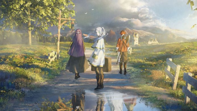 Three anime travelers, Frieren, Fern, and Stark, walking down a path in a sunny countryside landscape reflection