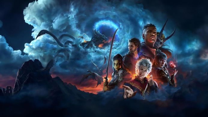Characters from Baldur's Gate 3 game, warriors, dragons in the sky