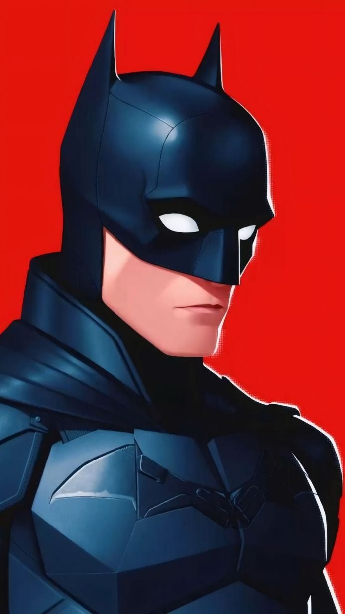Batman in his dark blue suit against a red background