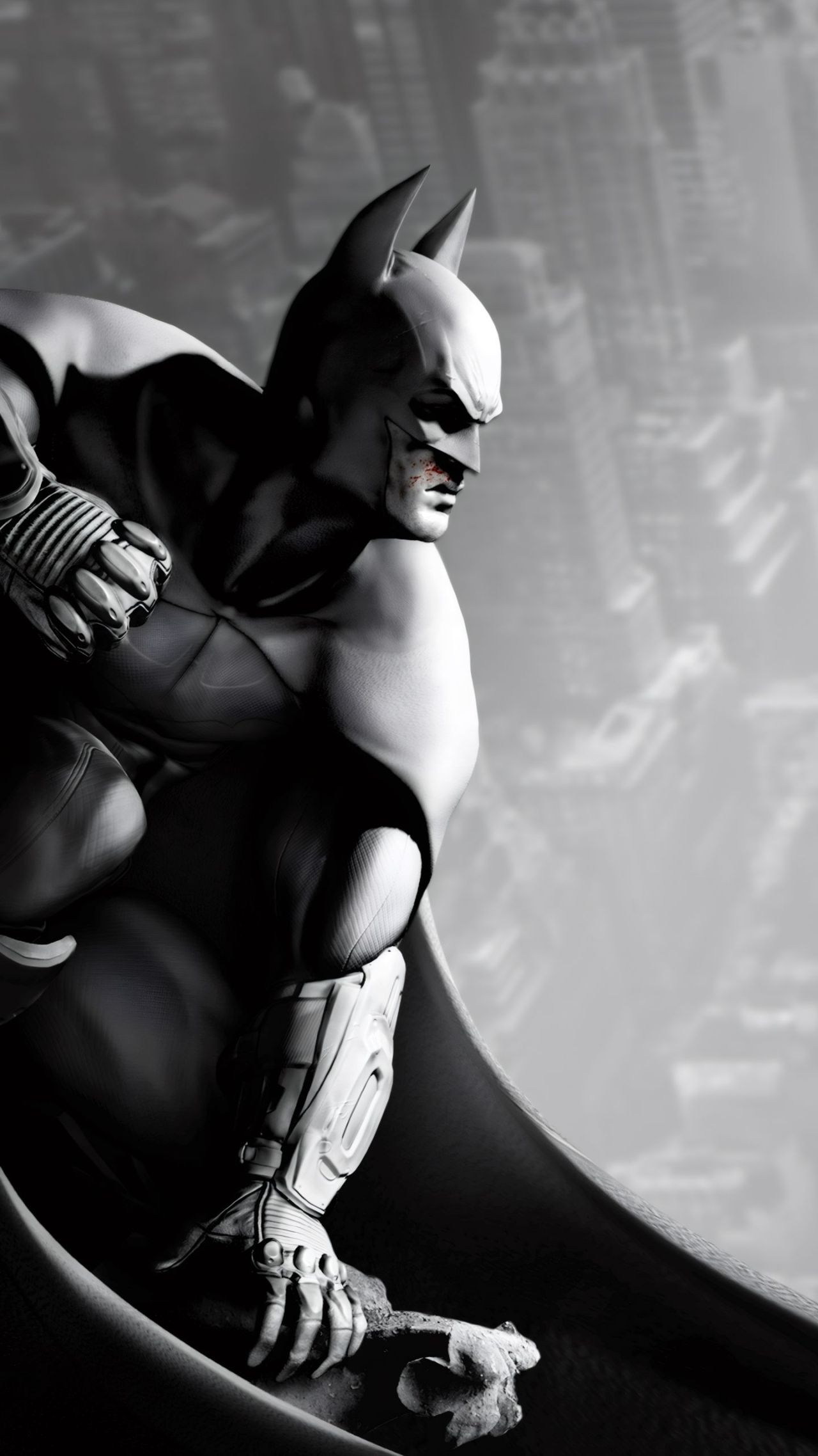 Batman crouching on a gargoyle overlooking city skyline