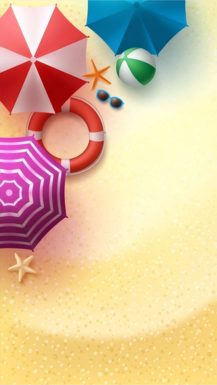 Beach vacation accessories: umbrellas, starfish, sunglasses, lifebuoy and beach ball on the sand