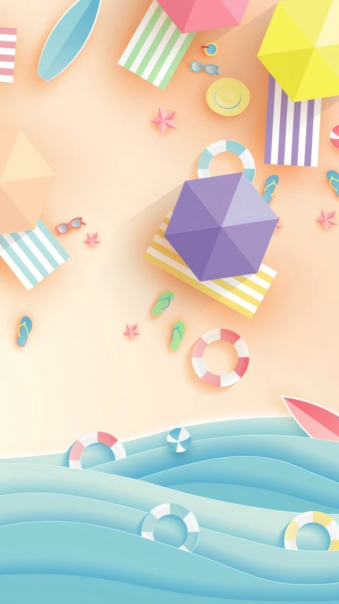 Illustration of a beach scene with umbrellas, towels, and surfboards in pastel colors