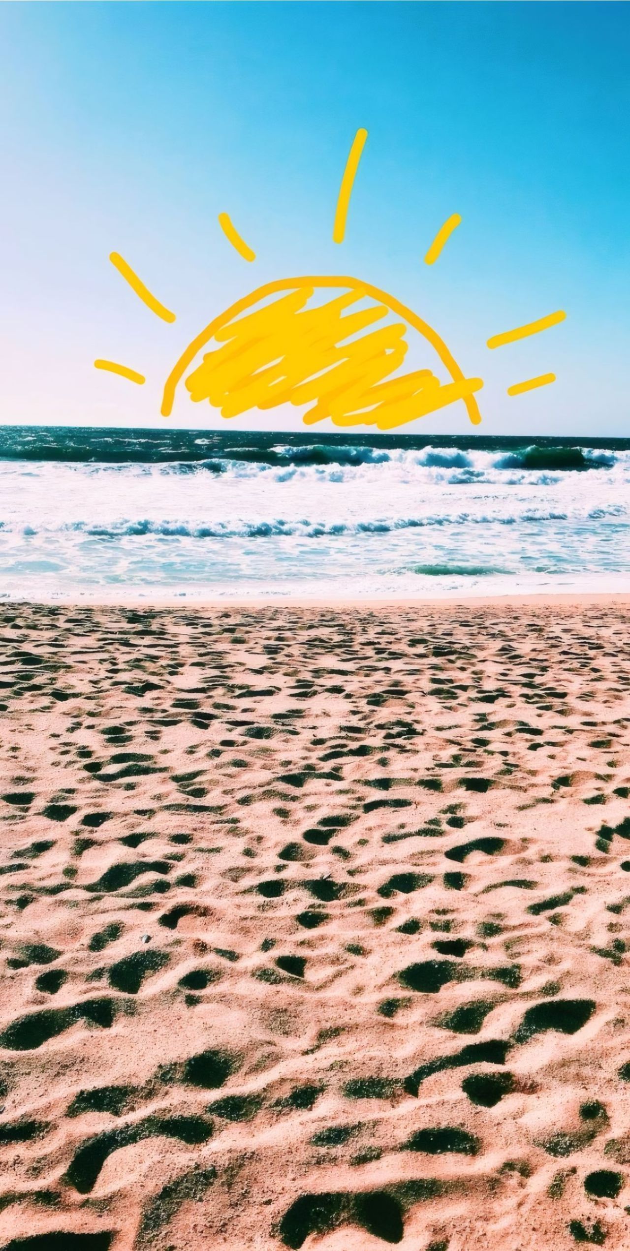 Beach ocean with hand drawn yellow sun blue sky